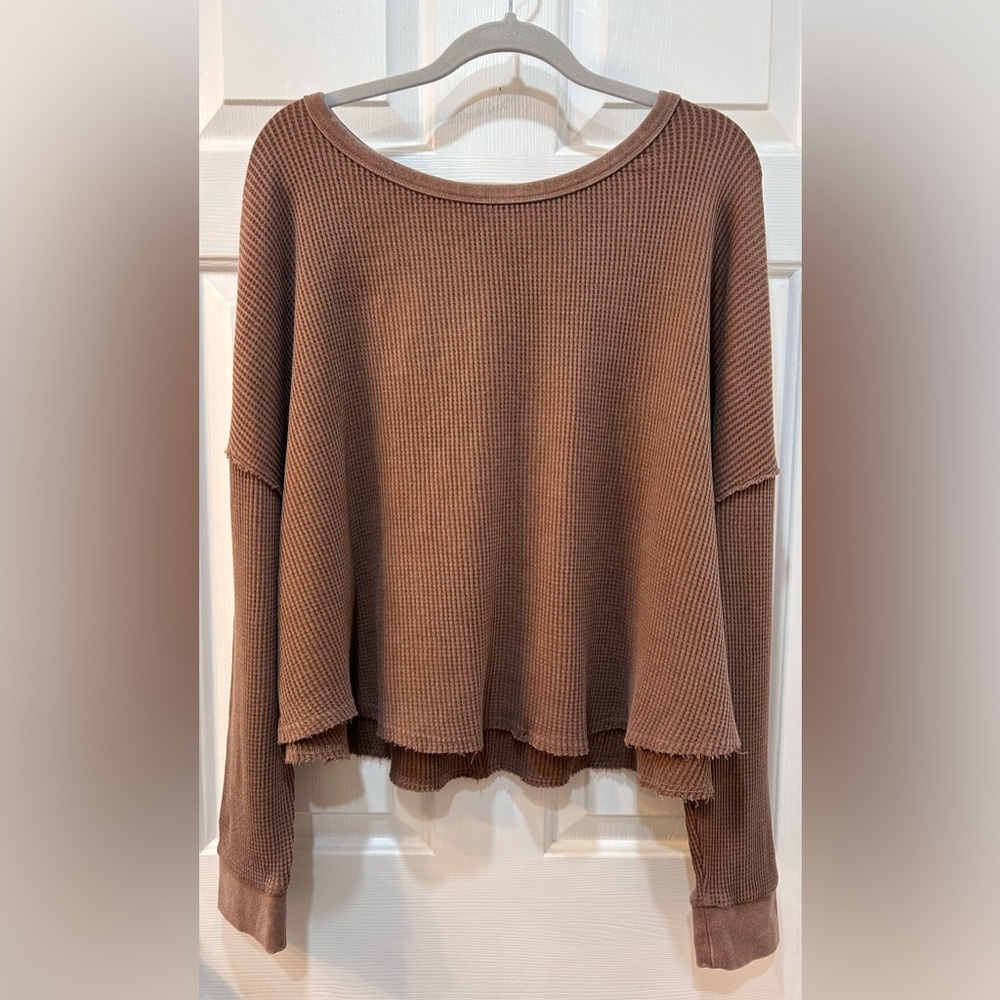NWT Big Water Blue Sky Cropped Waffle Knit Long Sleeve Tee Sz L Brown Thermal‎